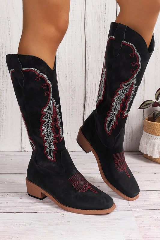 Embroidered Block Heel Boots