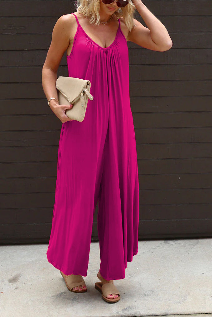 Plain V Neck Ruffles Pockets Wide Leg Jumpsuit