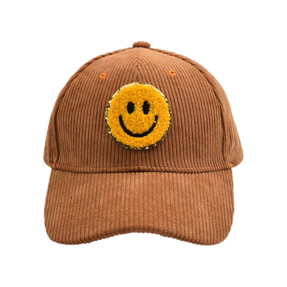 Smiley Corduroy Baseball Cap Fuzzy Patch Cap