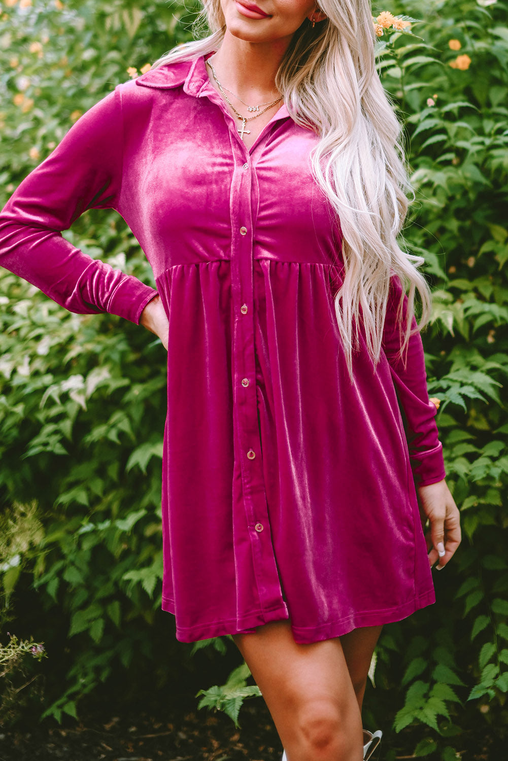 Long Sleeve Ruffle Velvet Button Up Dress