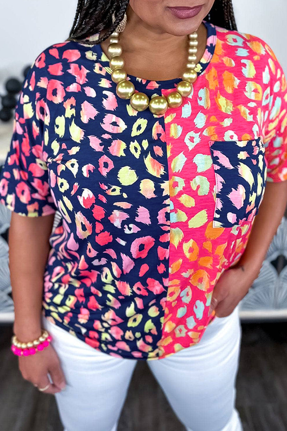 Plus Size Leopard Colorblock Top