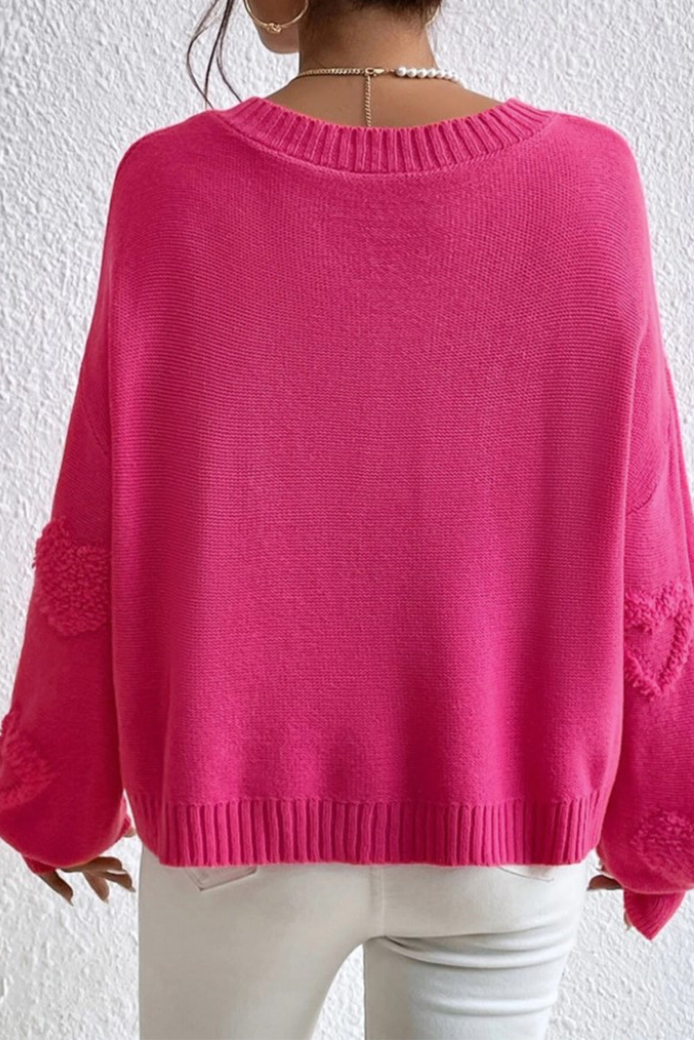 Pearl Embellished Fuzzy Hearts Sweater