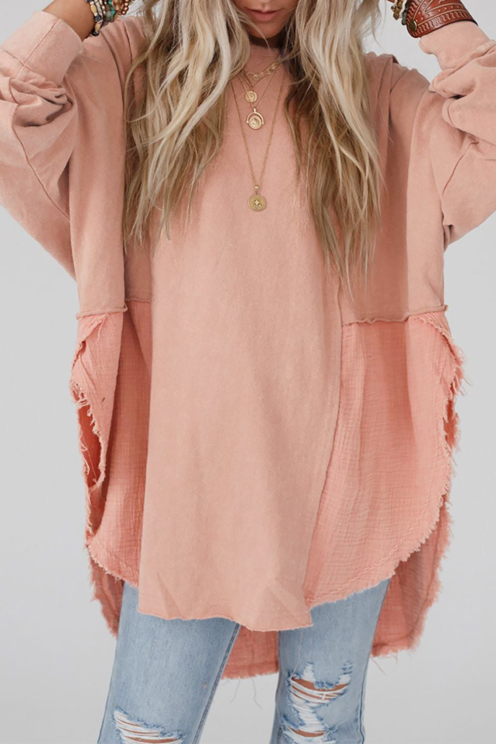 Crinkle Splicing Raw Hem Oversized Tee