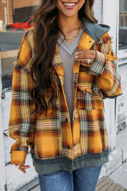 Plaid Patch Hooded Frayed Snap Button Jacket