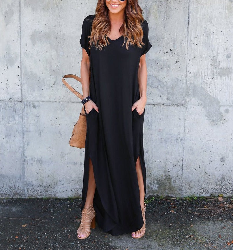 Solid Color V-neck Pocket Slit Dress