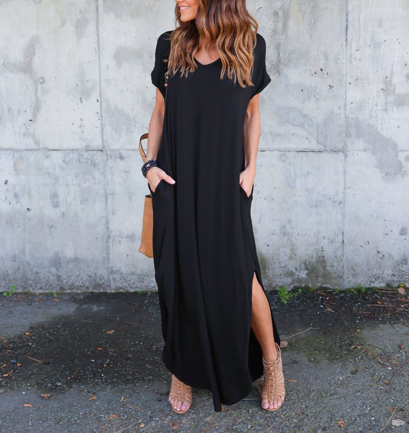 Solid Color V-neck Pocket Slit Dress