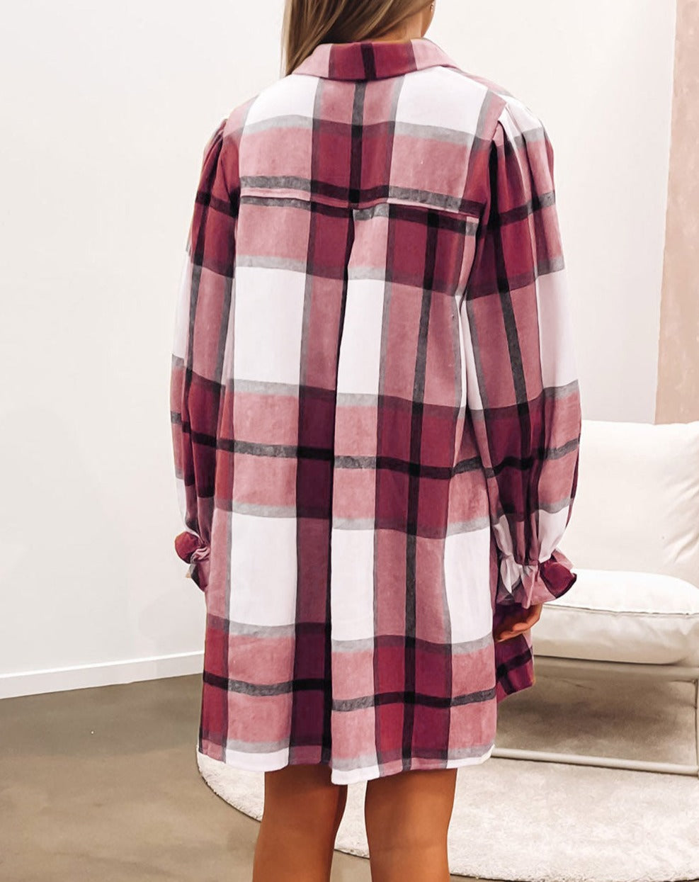 Plaid Pattern Collared Neck Ruffled Sleeve Shirt Dress