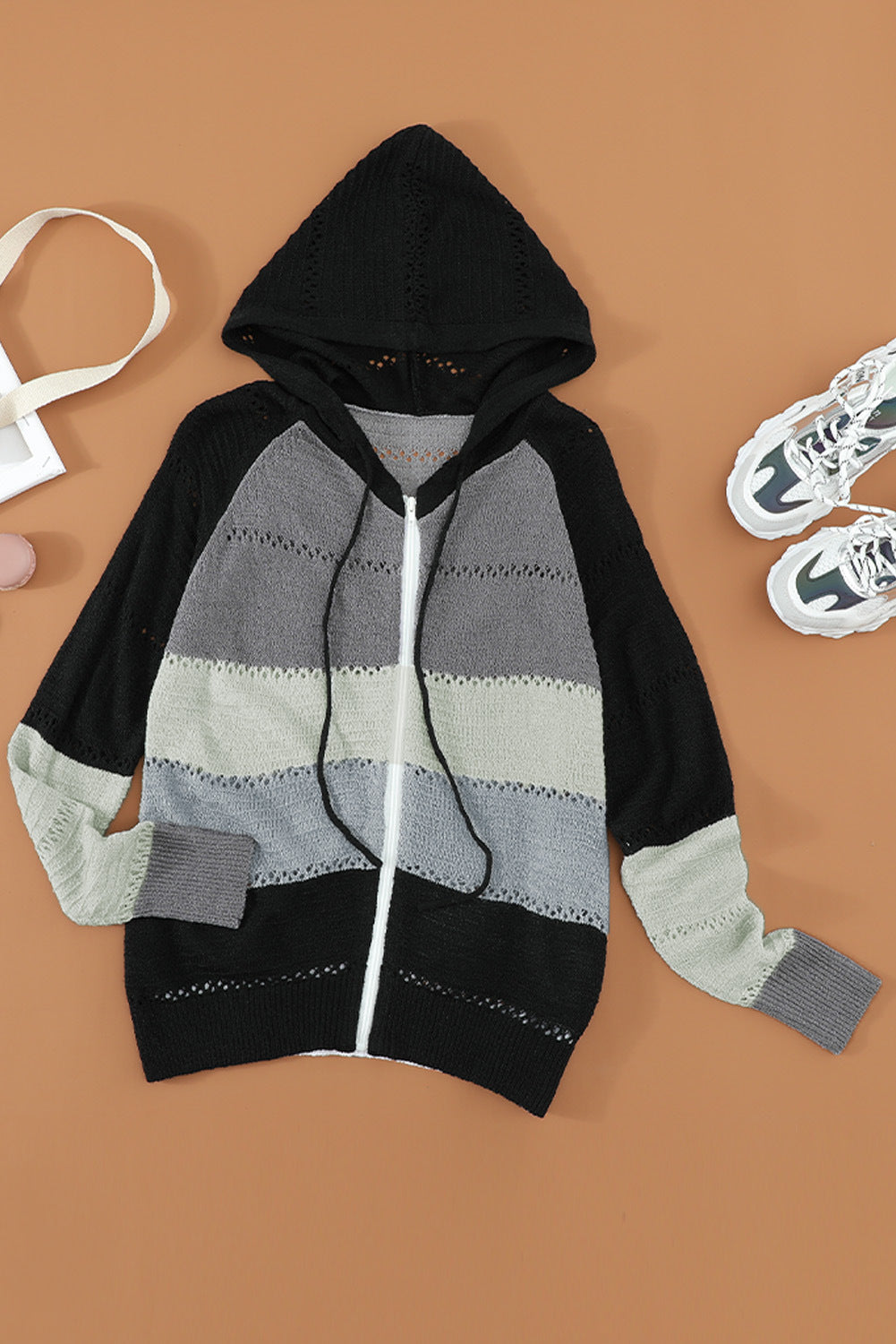 Zipped Colorblock Hollow-out Knit Hoodie