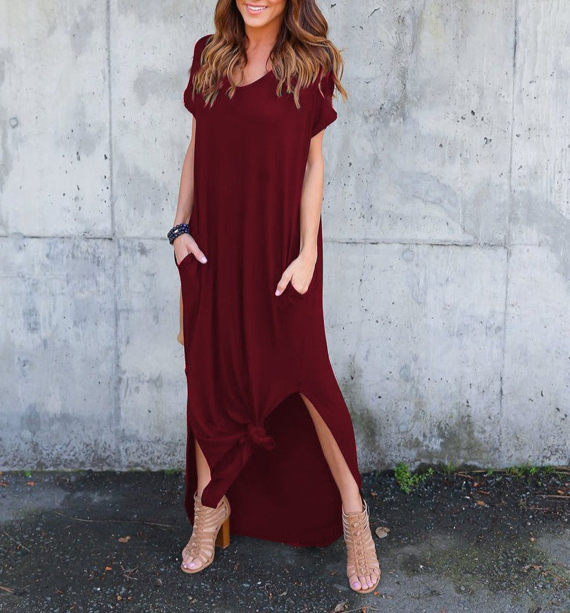 Solid Color V-neck Pocket Slit Dress