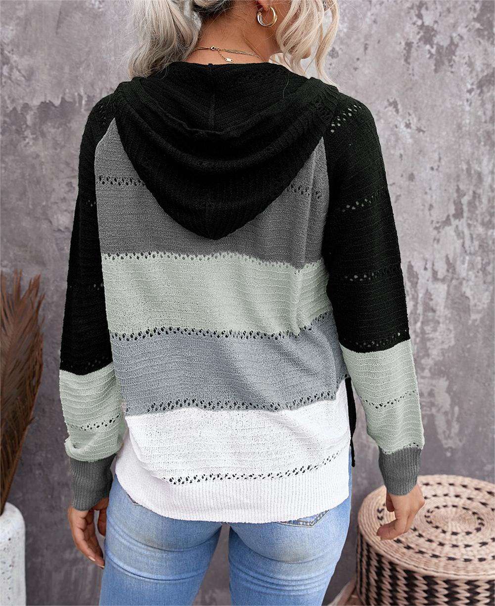 Zipped Colorblock Hollow-out Knit Hoodie