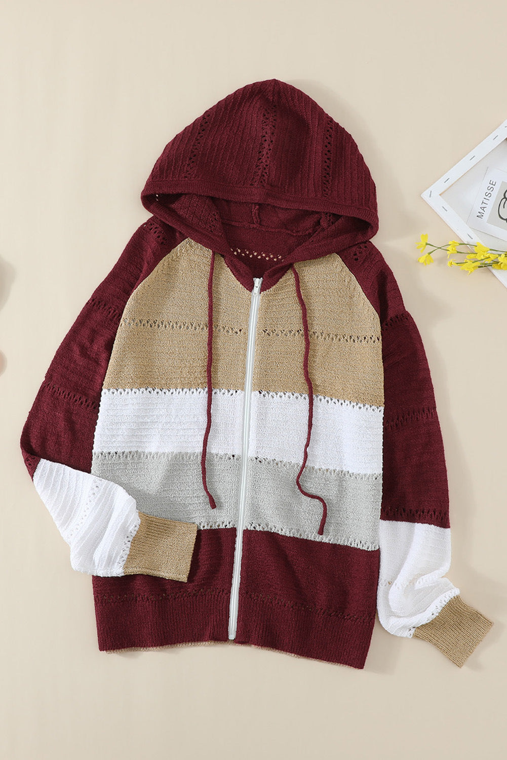 Zipped Colorblock Hollow-out Knit Hoodie