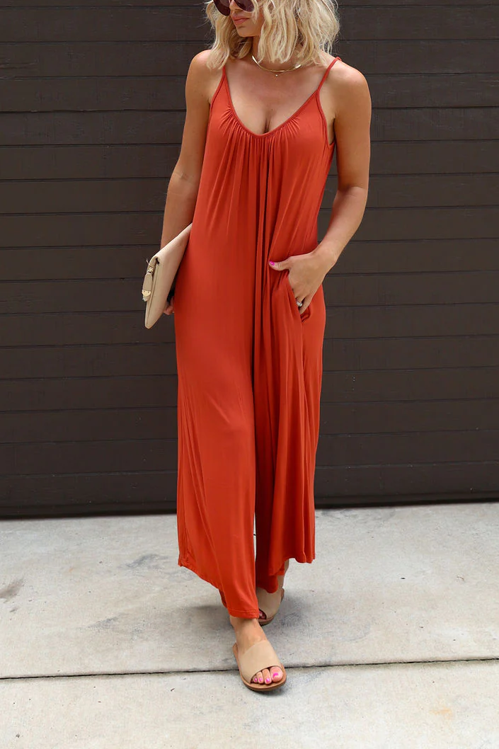 Plain V Neck Ruffles Pockets Wide Leg Jumpsuit