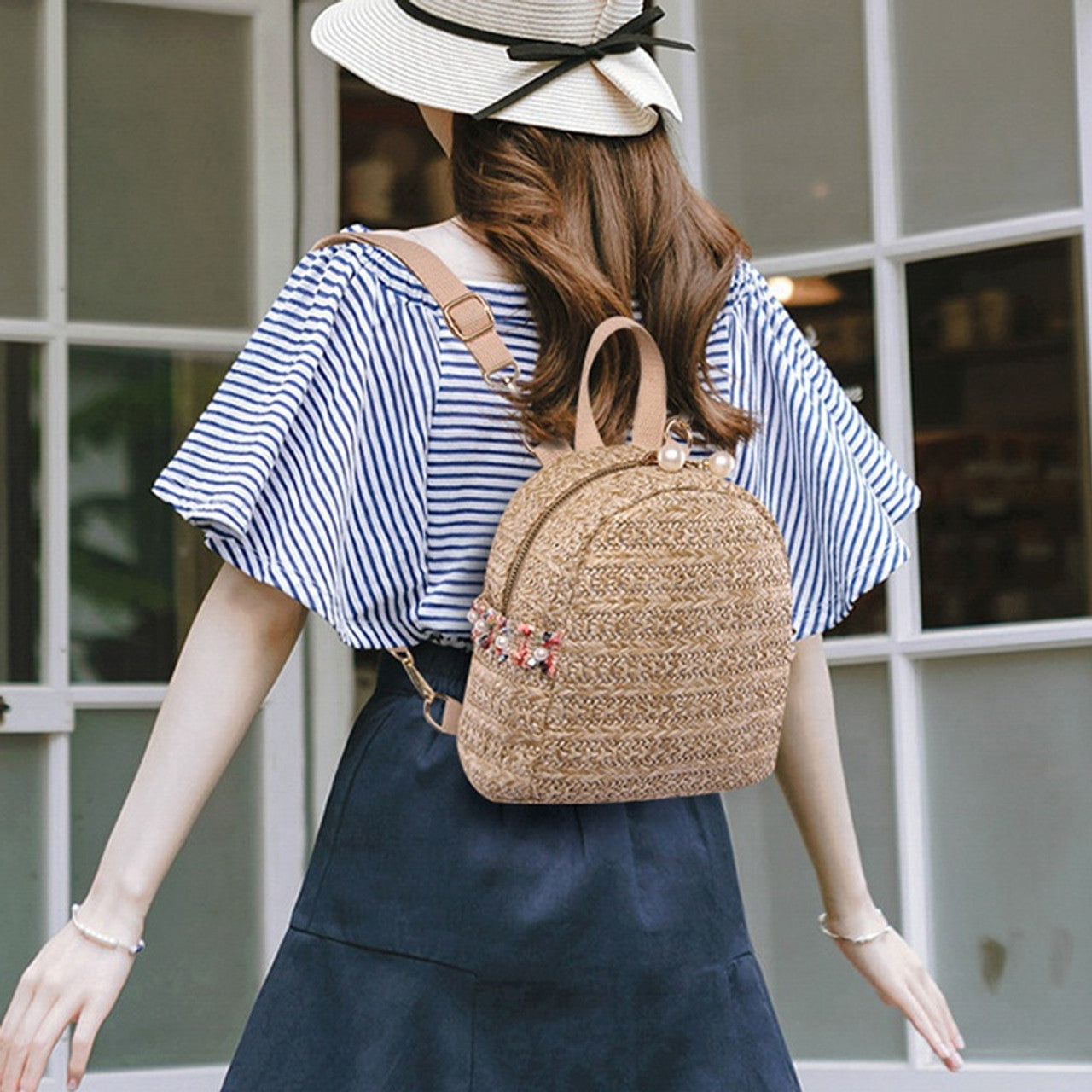 Mini Woven Backpack with Pearls