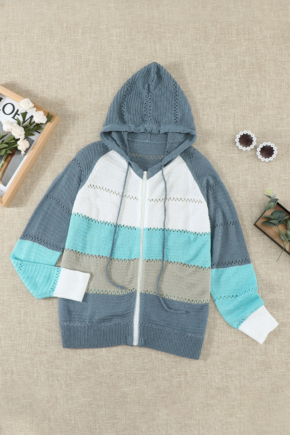 Zipped Colorblock Hollow-out Knit Hoodie