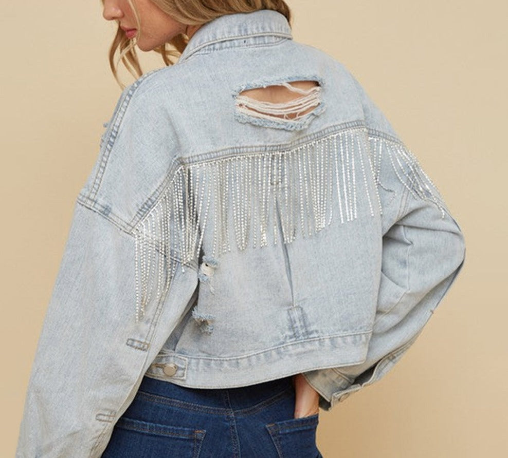 Rhinestone Fringed Denim Jacket