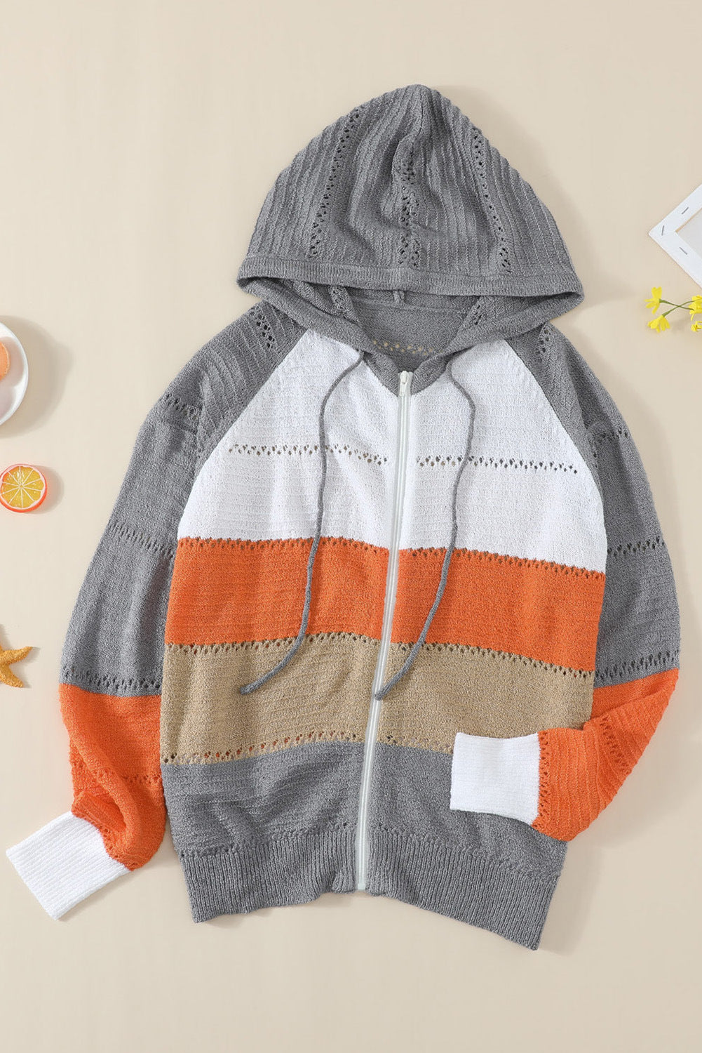 Zipped Colorblock Hollow-out Knit Hoodie