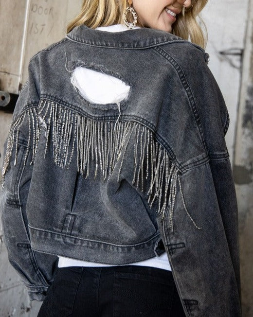 Rhinestone Fringed Denim Jacket