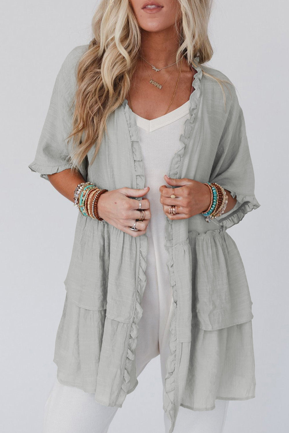 Ruffled Trim Half Sleeve Kimono