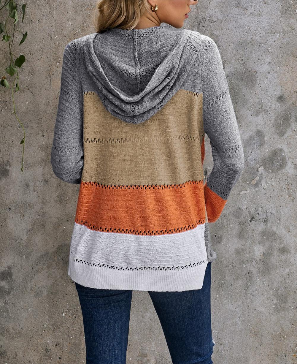 Zipped Colorblock Hollow-out Knit Hoodie