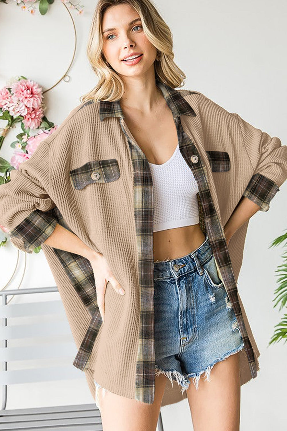 Plaid Waffle Knit Shacket