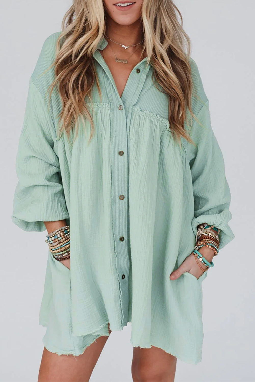 Patchwork Crinkle Puff Sleeve Shirt Dress