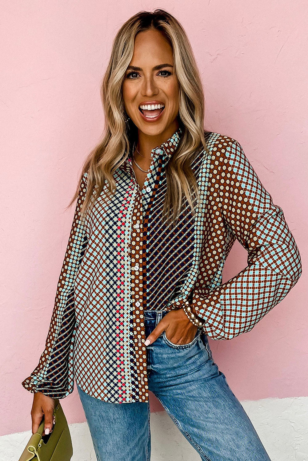 Dot Print Long Sleeve Button Down Shift Shirt