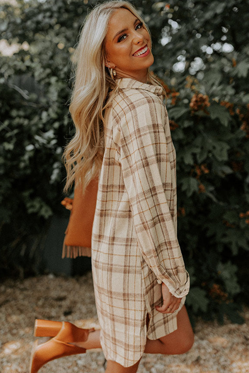 Western Plaid Button Up Loose Shirt Dress