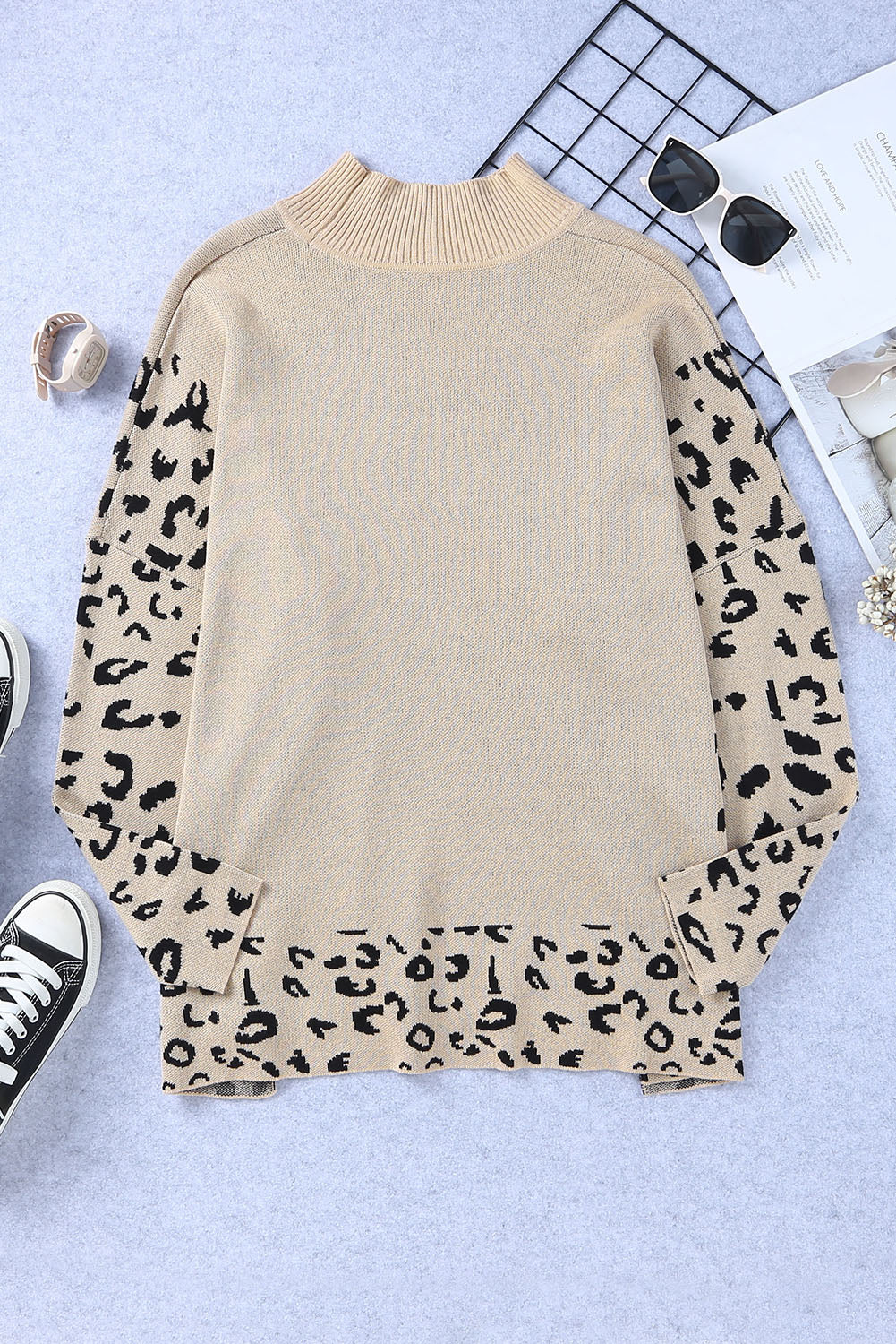 Leopard High Neck Side Slit Oversized Sweater