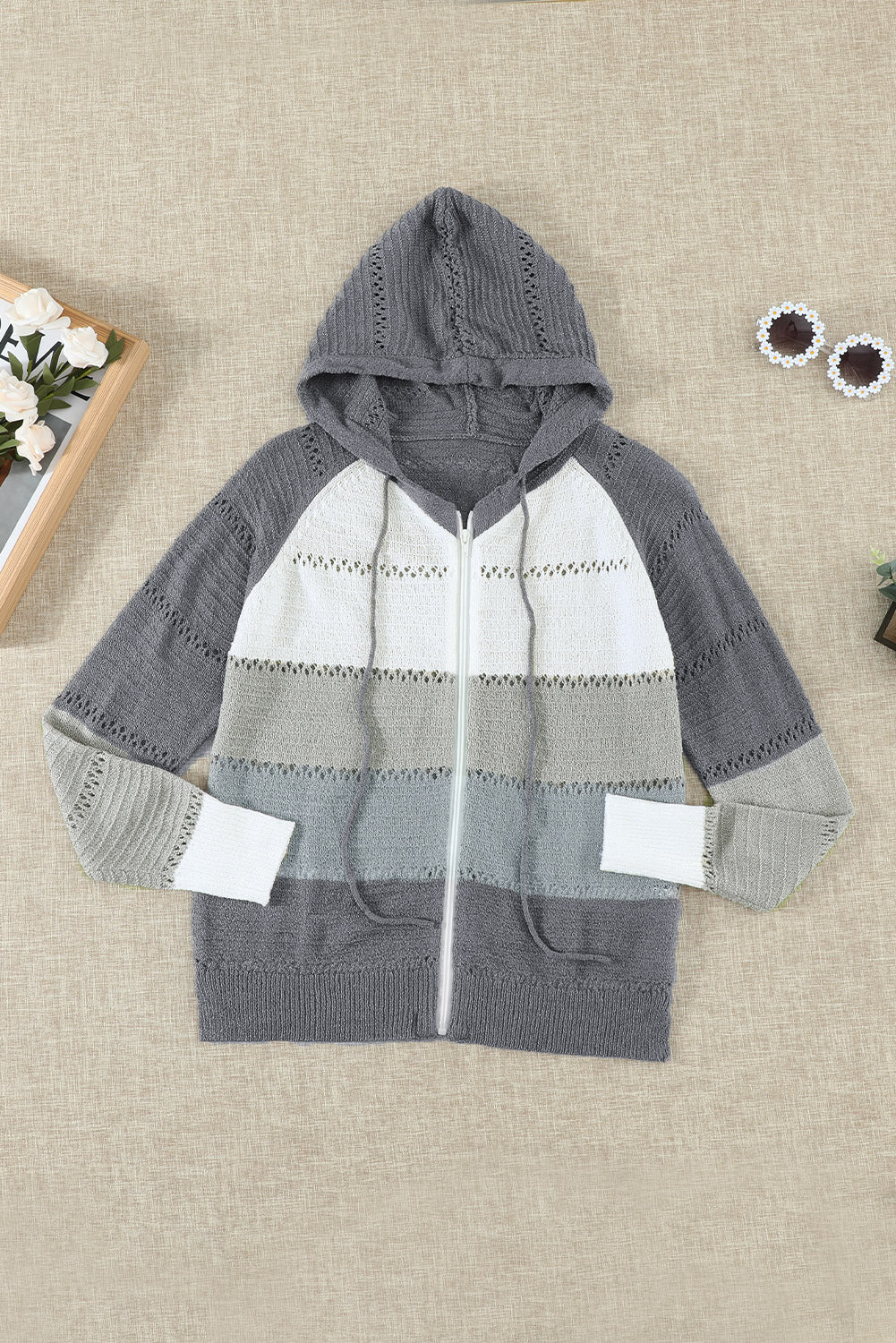 Zipped Colorblock Hollow-out Knit Hoodie