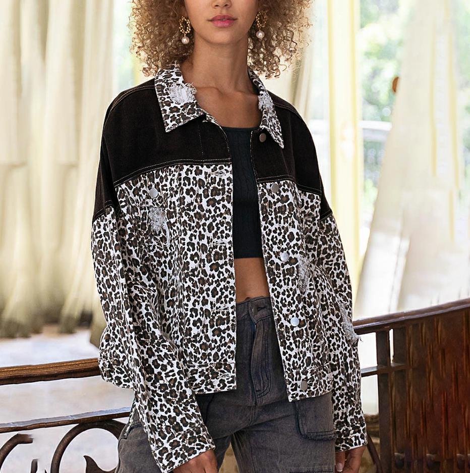 Leopard-Panel Denim Jacket