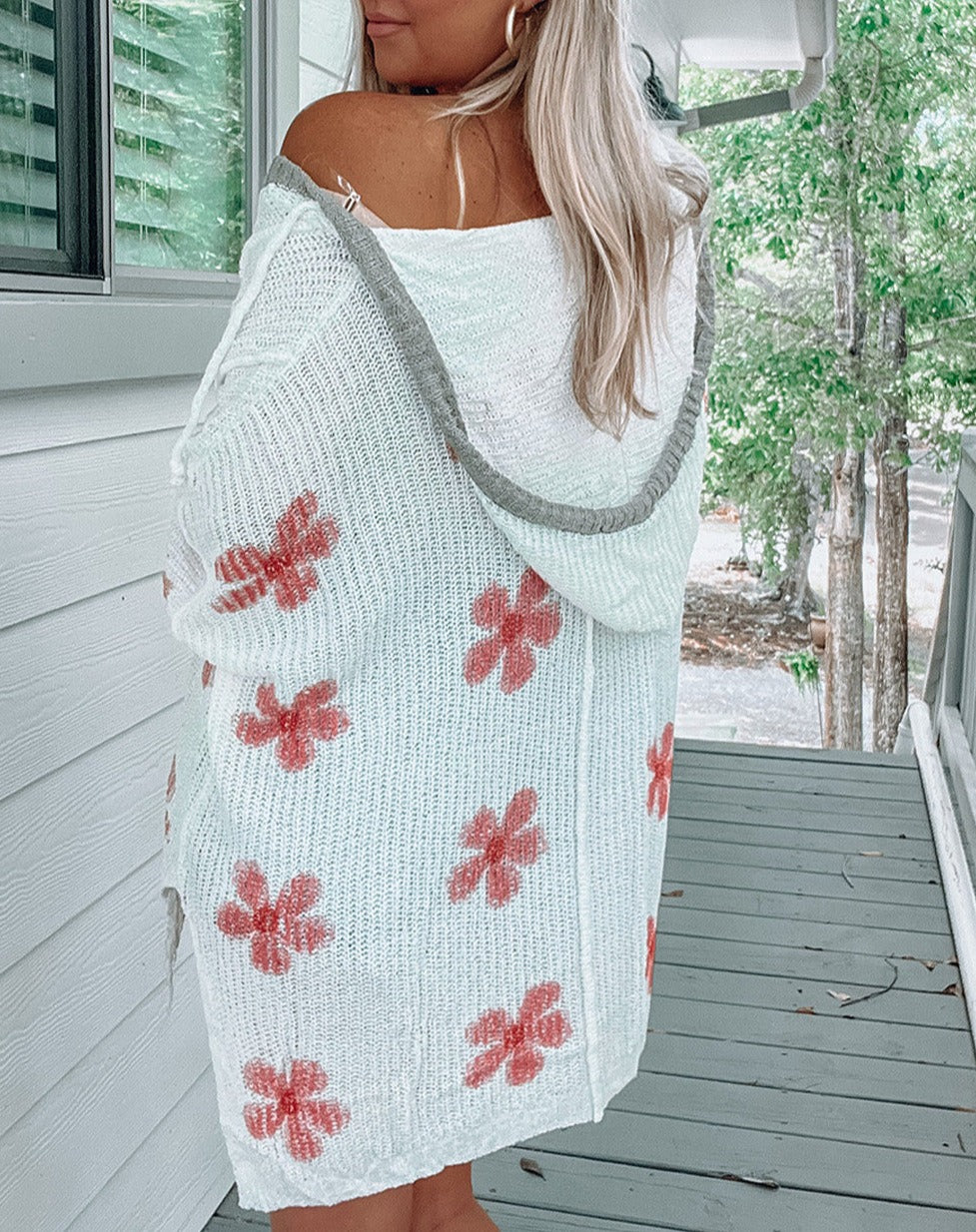 Floral Print Lightweight Knit Hooded Sweater