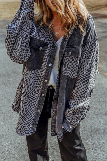 Checked Patchwork Hooded Denim Shacket