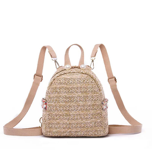 Mini Woven Backpack with Pearls