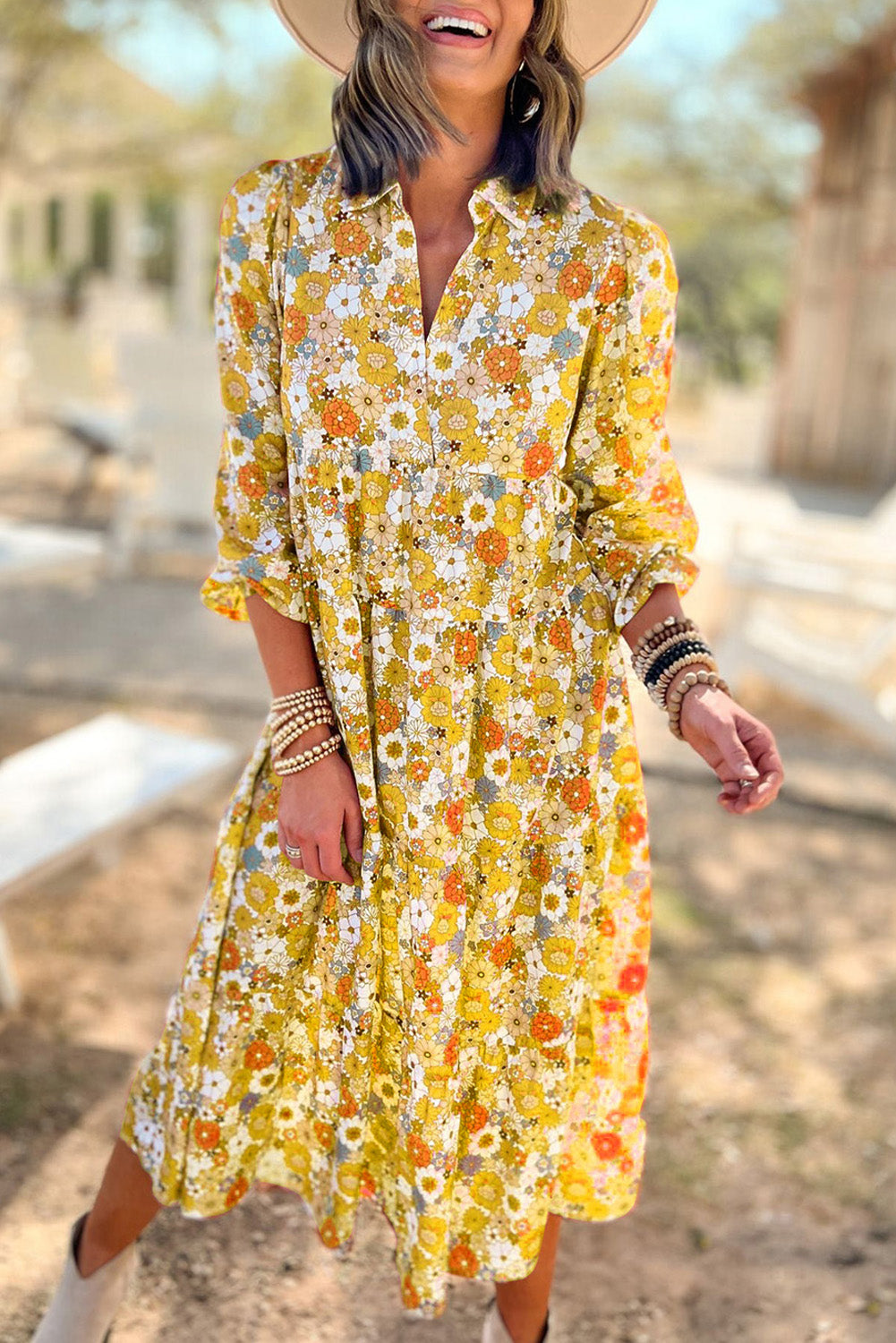 Boho Floral Collared Long Sleeve Ruffled Dress