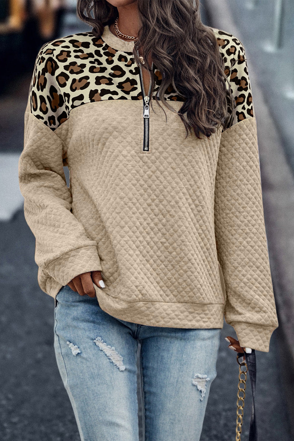 Leopard Splicing Zipped Sweatshirt