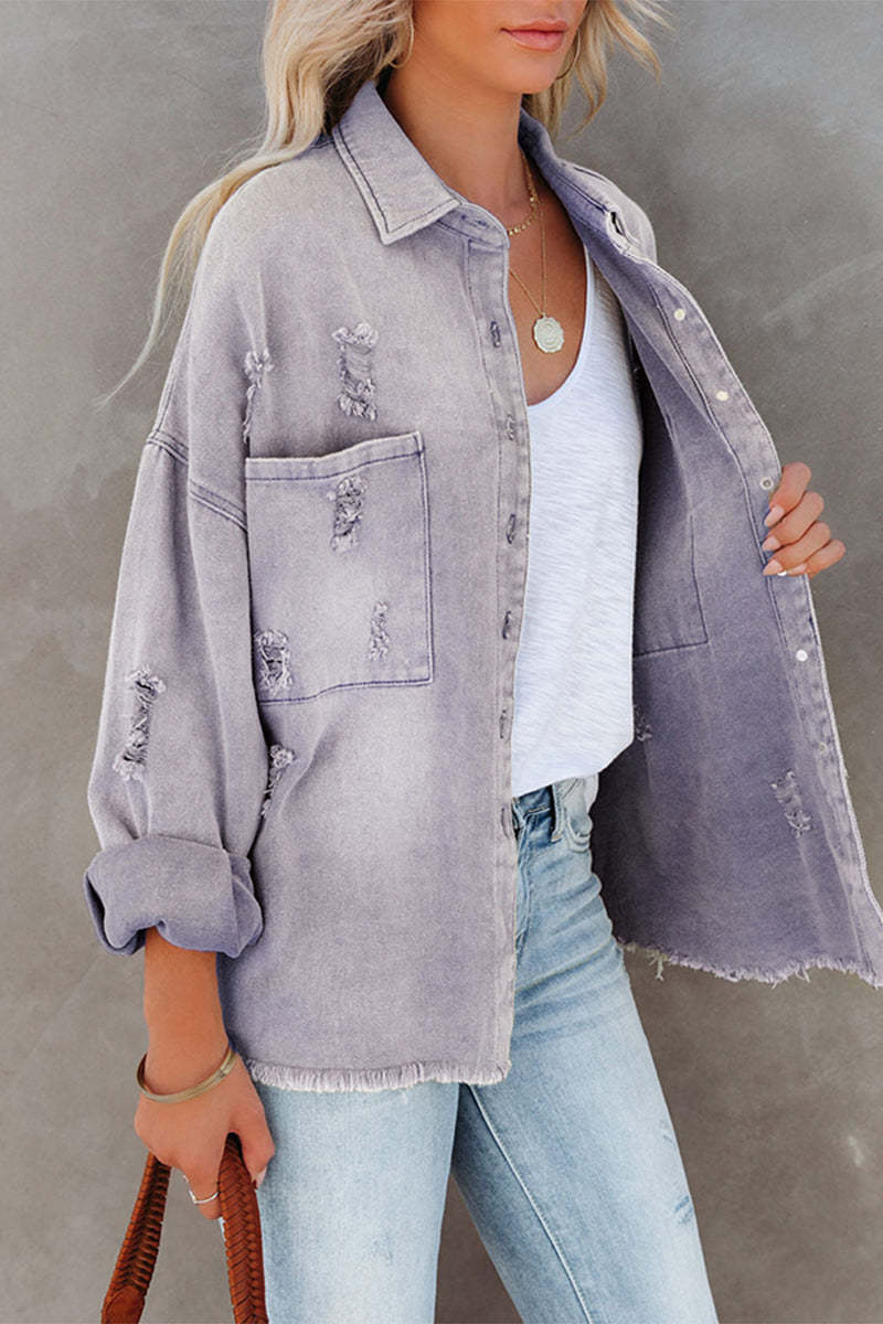 Solid Color Ripped Denim Jacket