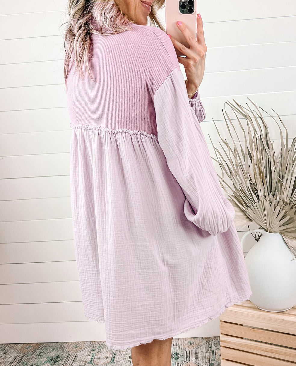 Patchwork Crinkle Puff Sleeve Shirt Dress