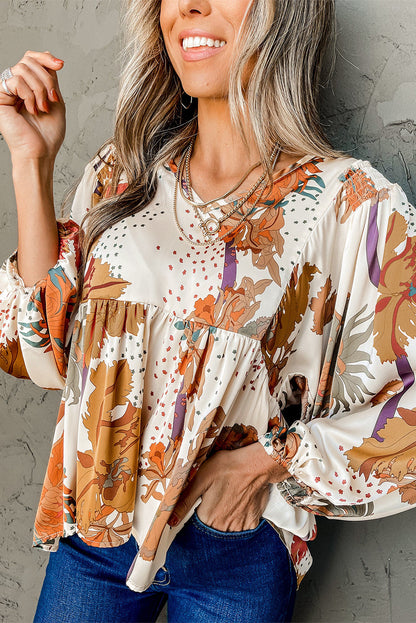 Floral Print V Neck Babydoll Blouse