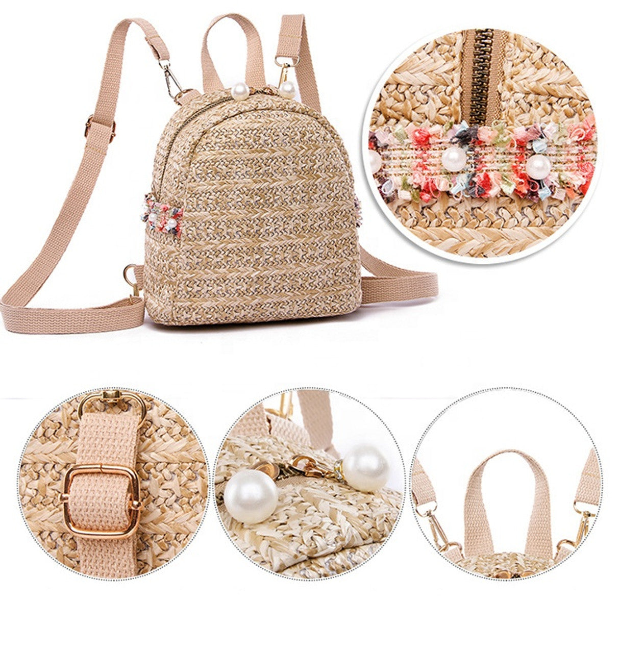 Mini Woven Backpack with Pearls