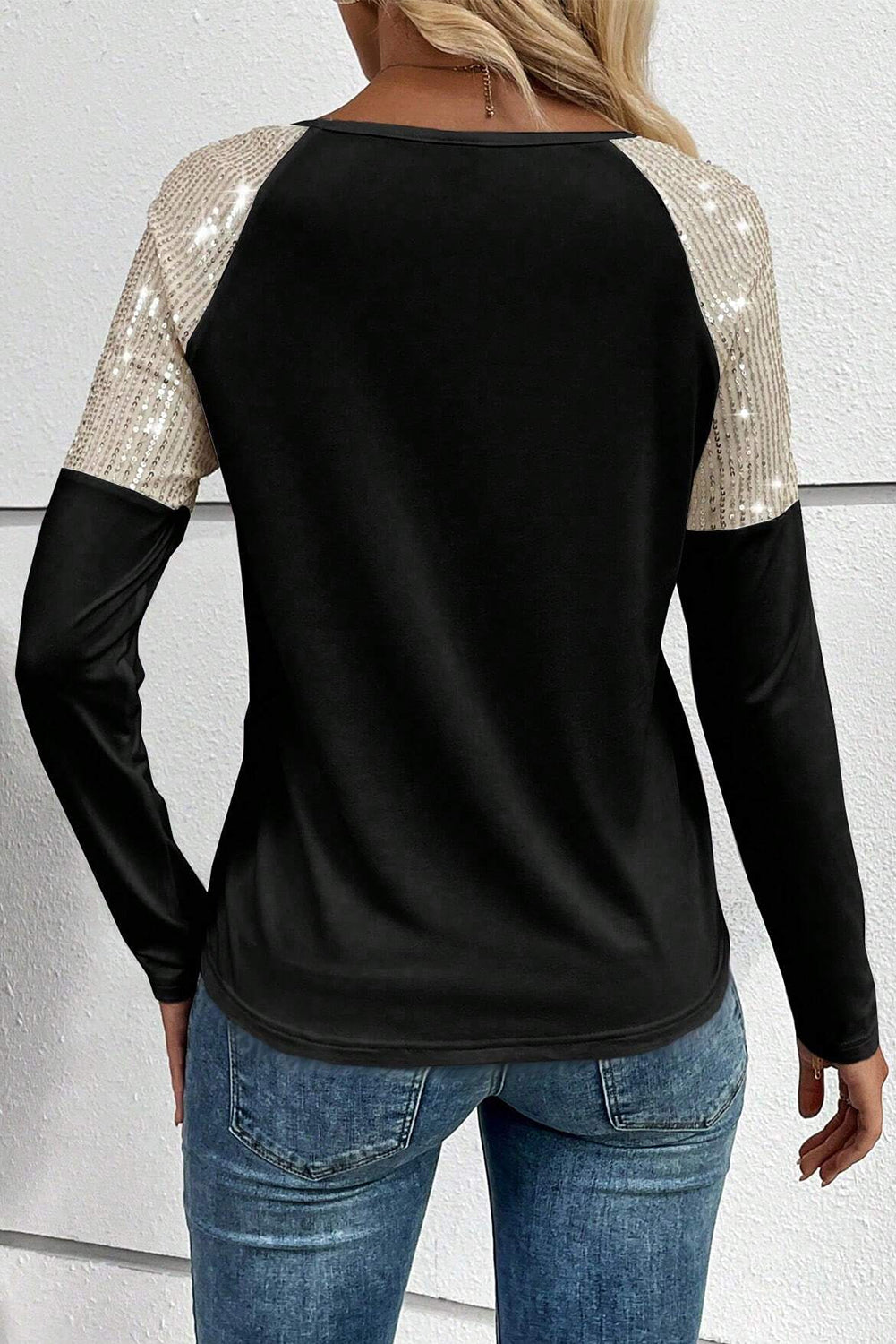 Sequin Patch Chest Pocket Raglan Sleeve Top