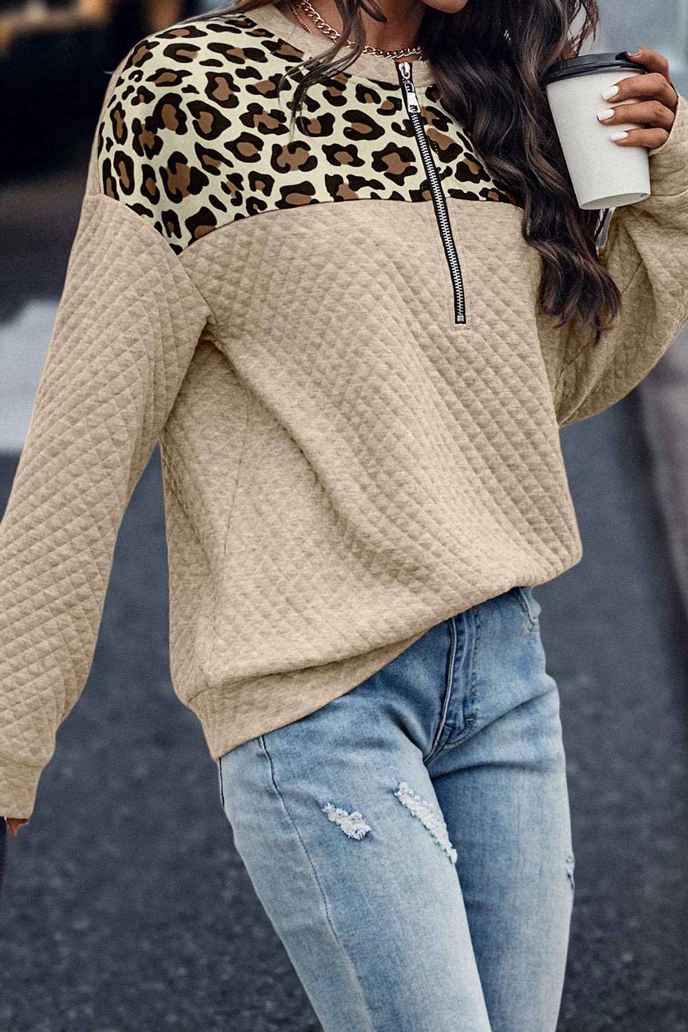 Leopard Splicing Zipped Sweatshirt