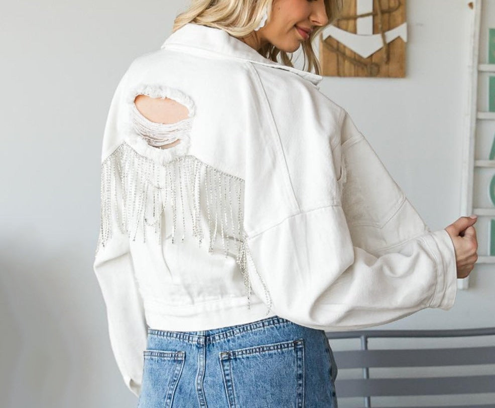 Rhinestone Fringed Denim Jacket