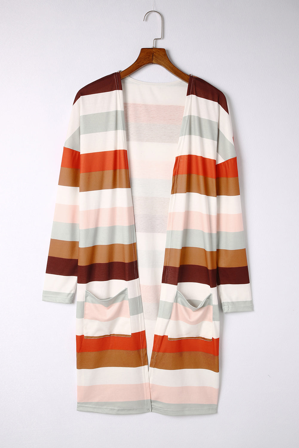 Striped Print Pockets Open Front Cardigan