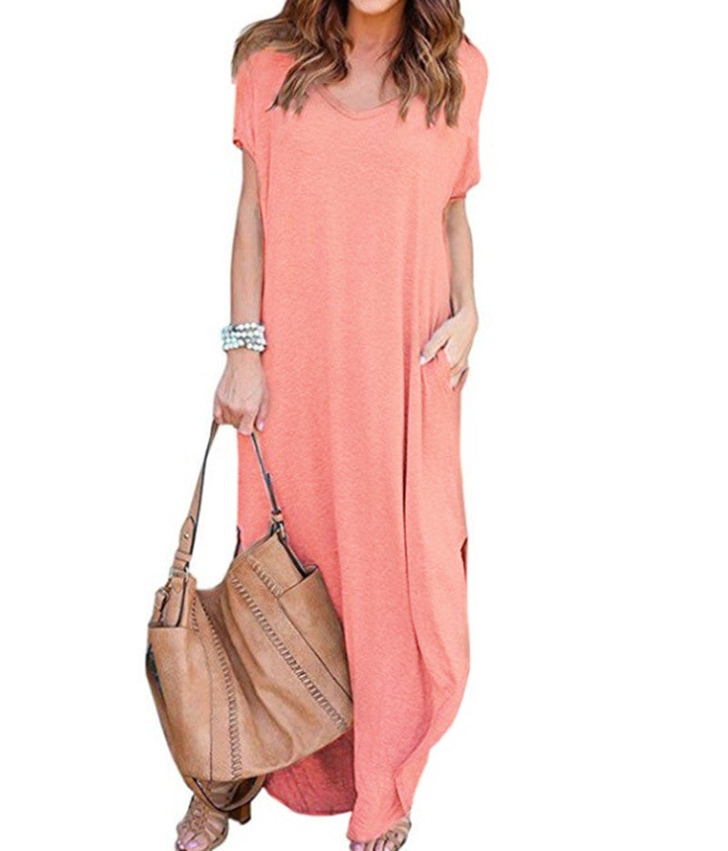 Solid Color V-neck Pocket Slit Dress