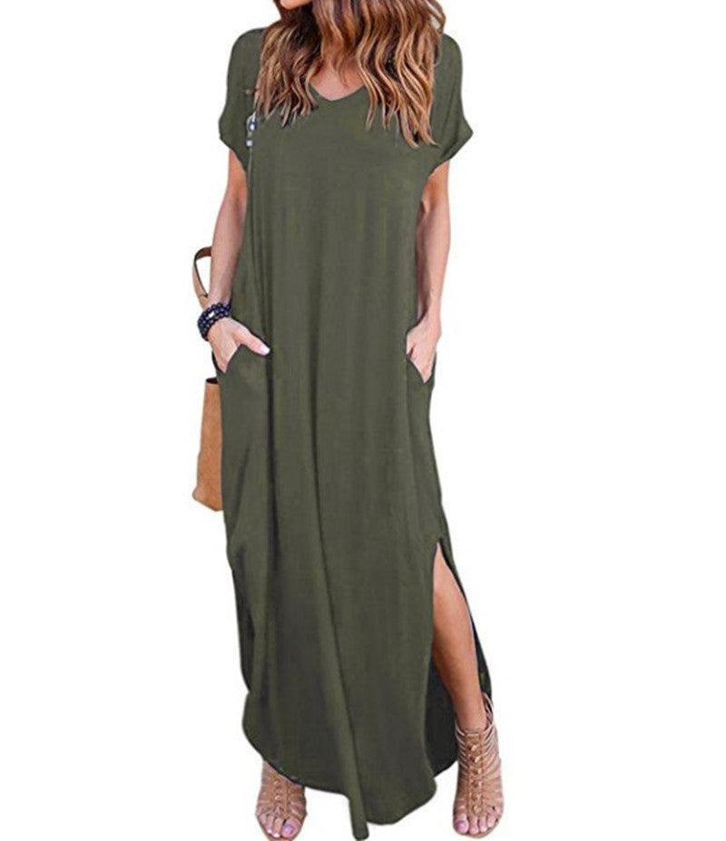 Solid Color V-neck Pocket Slit Dress