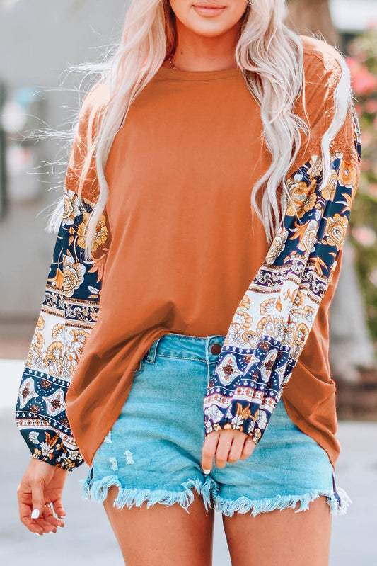 Boho Floral Print Balloon Sleeve Top