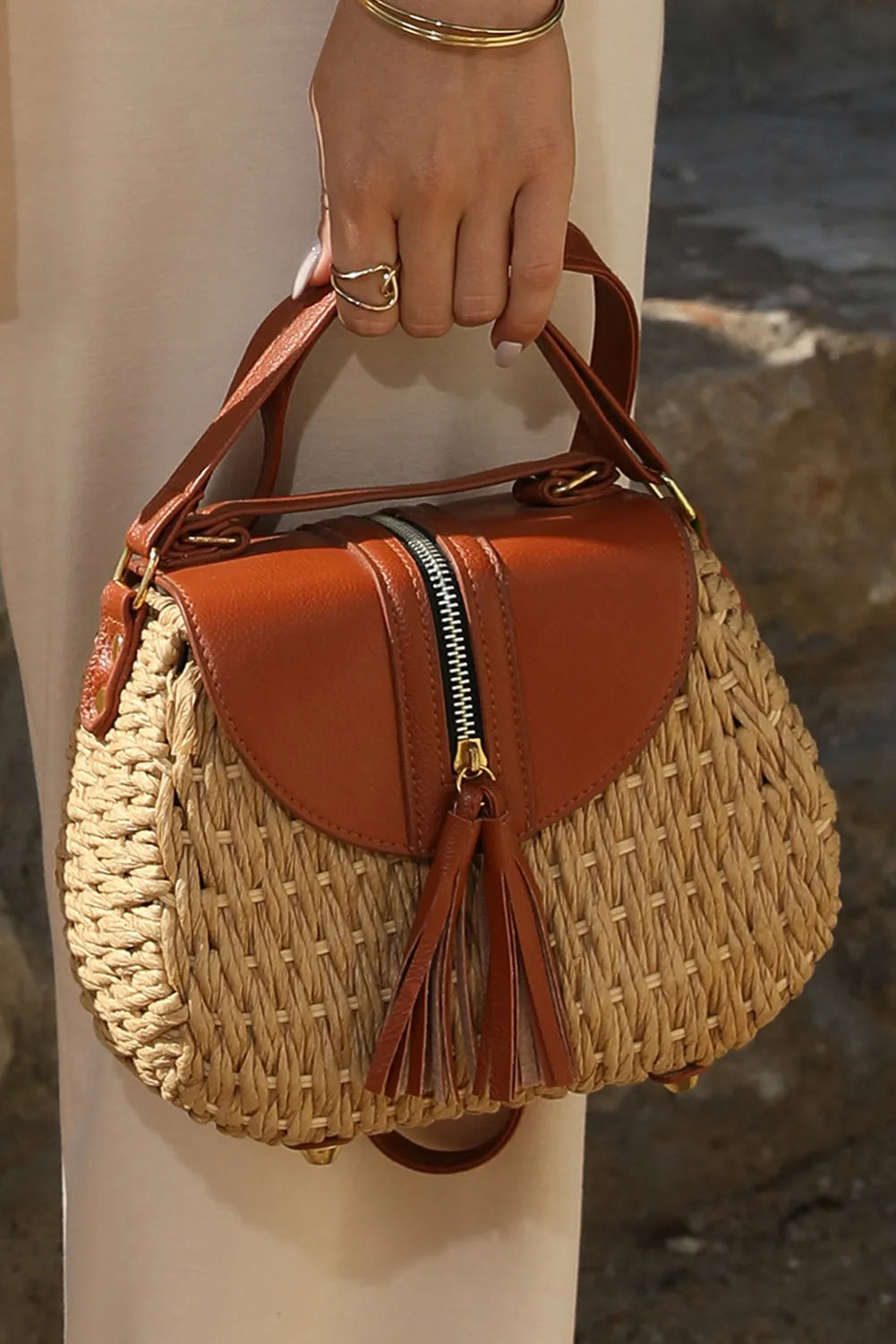 Bamboo Weaving Leather Flap Tassel Shoulder Bag