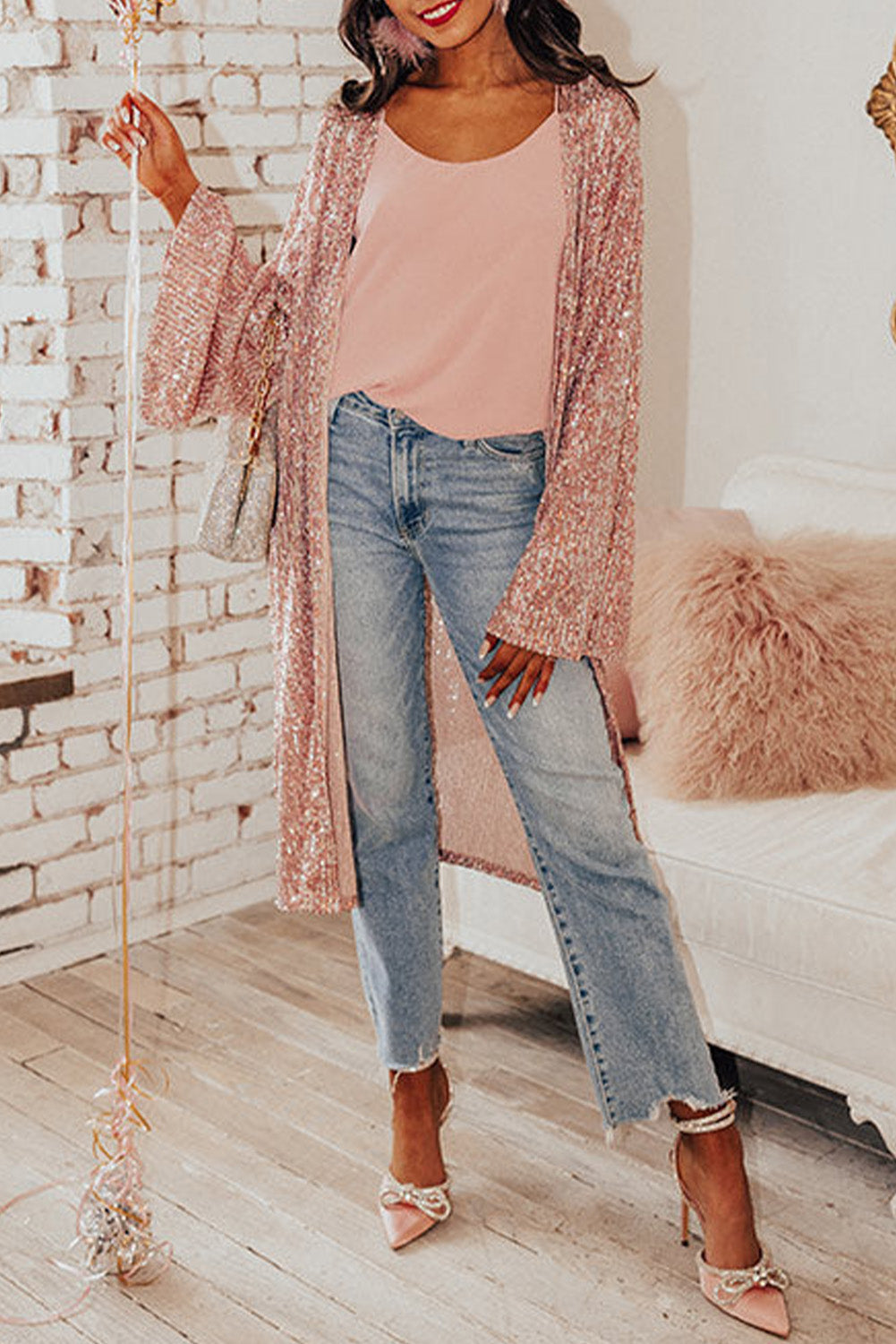 Pink Flare Sleeve Sequin Cardigan