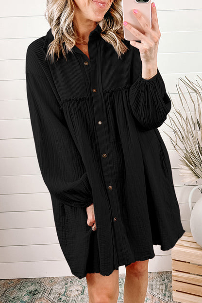 Patchwork Crinkle Puff Sleeve Shirt Dress