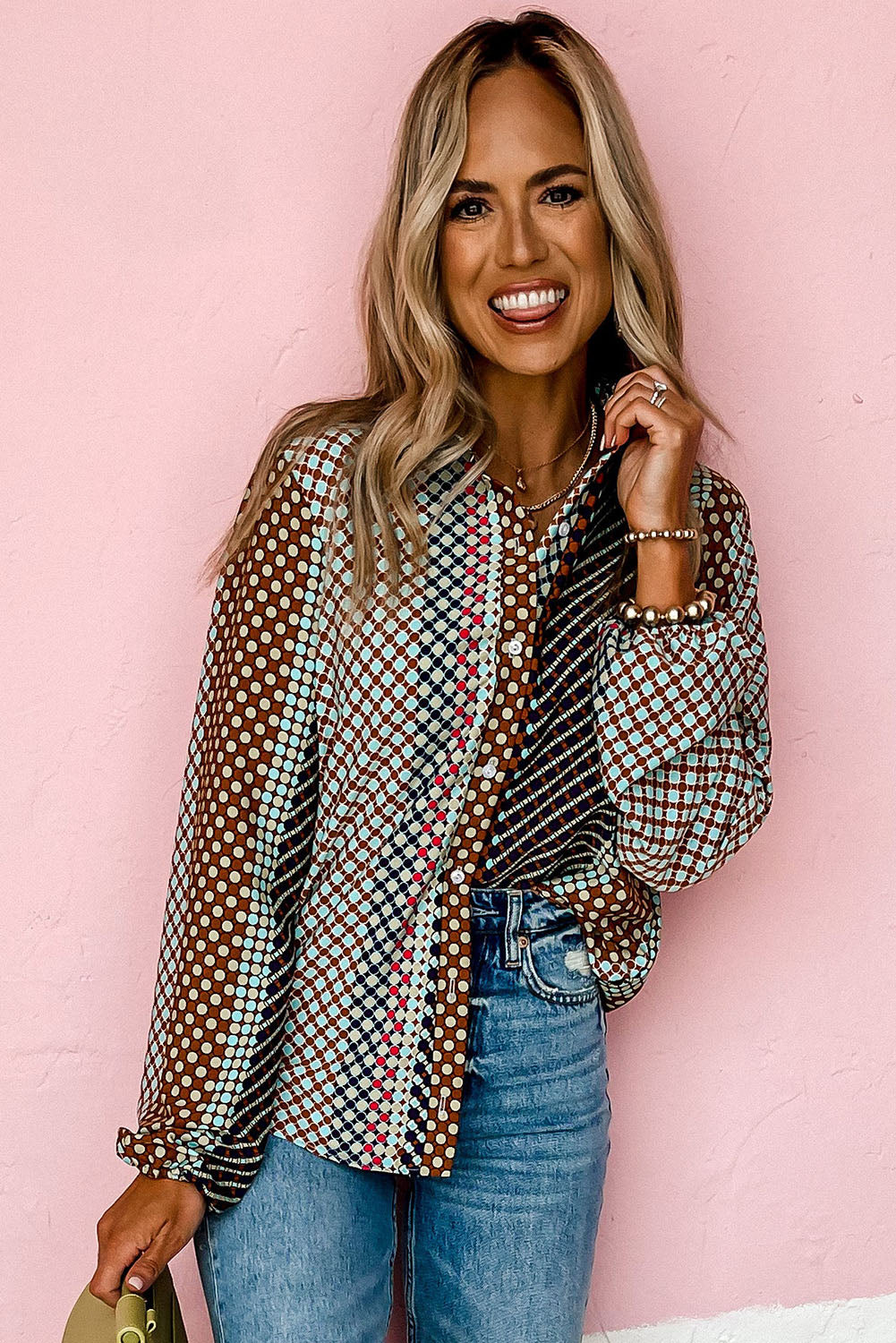 Dot Print Long Sleeve Button Down Shift Shirt